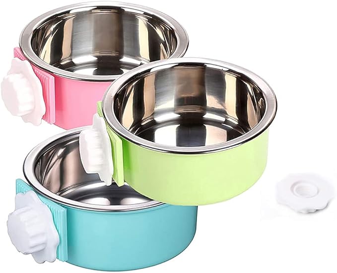 Crate Dog Bowl,Removable Stainless Steel Water Food Feeder Bowls Crate Coop Cup,Pet Cage Bowls with Bolt Holder for Cat, Puppy, Birds, Rats, Rabbits Small Animals ((Blue+Green+Pink) Round, Large)