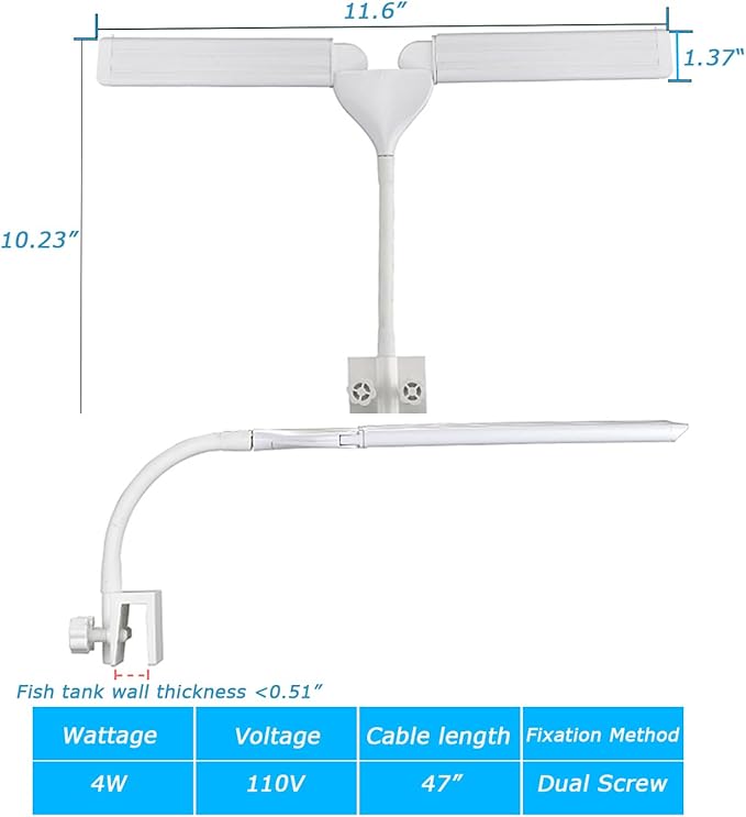 LED Aquarium Light Full Spectrum Clip Fish Tank Light Plants Light Double Swing Arm Light 4W Suitable for 2-10 Gal Fish Tank