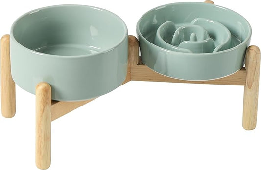 Havniva Ceramic 0.9 Cup Raised Slow Feeder Dog Bowl Set, Elevated 6.1inch Water Bowl and 6.1inch Slow Dish with Wooden Stand for Small Dogs(2 x Light Green+ Stand)