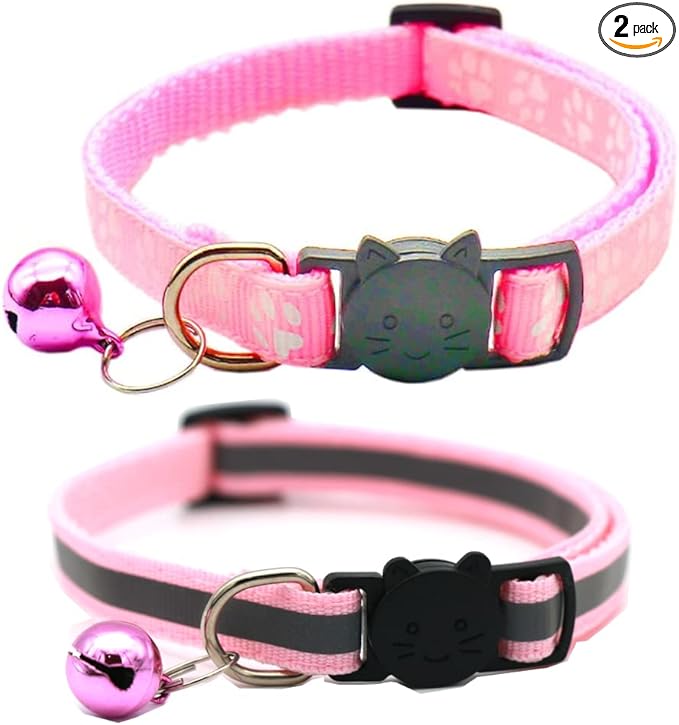 2 Pack Cat Collars Quick Release Reflective Kitten Collar with Bell & Safety Release (Light Pink)