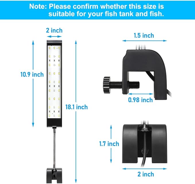 DaToo Aquarium Light Small LED Clip Light for Fish Tank 10W with Timer&Dimmer, 1 Yr Warranty