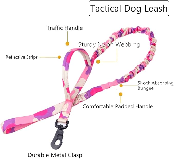 Xqpetlihai Tactical Dog Collar and Leash Set Adjustable Military Nylon Dog Collar with Control Handle and Heavy Duty Metal Buckle for Large Dogs（Pink Camo S