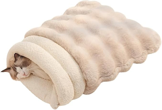 SOMAHE Self-Warming Cat Sleeping Bag, Enclosed Hooded Snuggle Sack with Dual-Side Plush Cat Cave Bed, Portable Foldable Pet Sleeping Pod for Indoor & Travel, Anti-Static, 21.7"x17.7"White
