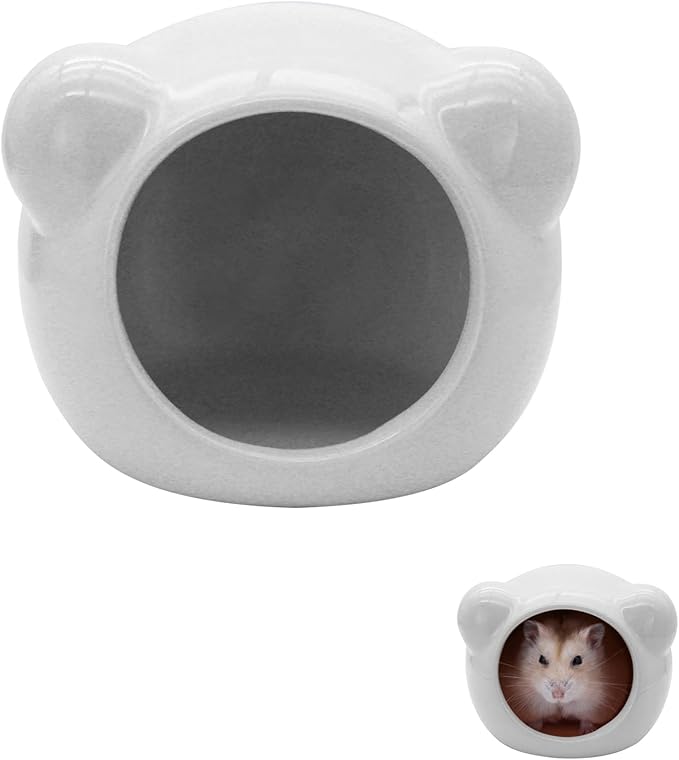 Ceramic Hamster House, Cute Animal Shaped Hamster Cave, Summer Cool Small Animal Hideout Habitat Decor for Dwarf Hamsters, Small Gerbils (Grey)