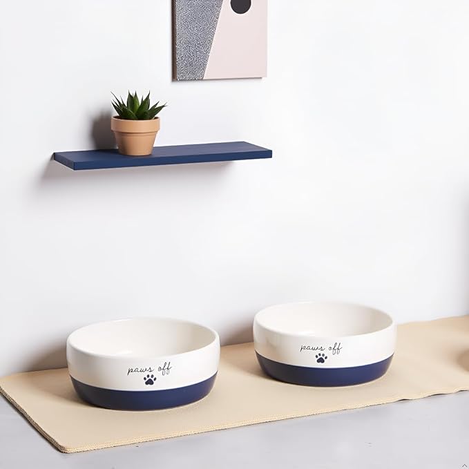 Pearhead Ceramic Paws Off Cat Bowl, Holds 1.3 Cups, Navy Blue and White Stoneware Dish, Non-Skid Feeding Bowl, Microwave and Dishwasher Safe, Small (Pack of 2)