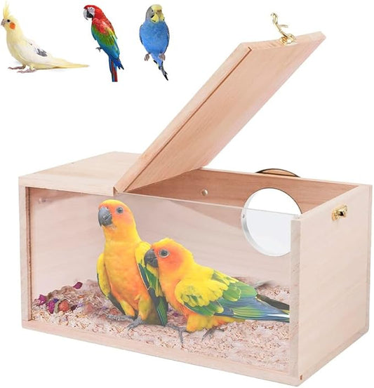 Natural Wood Nesting Box for Parakeet Birds Transparent Design Breeding Box with Perch Wood Bird Cage House for Cockatiel Lovebirds Budgie Finch Parrotlets Canary (Medium)