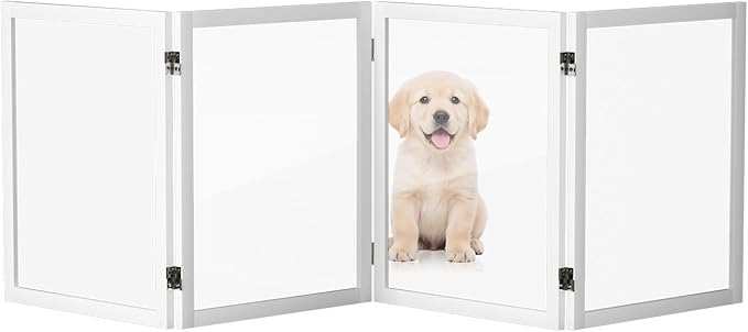 VINGLI Clear Acrylic Freestanding Dog Gate, Transparent Pet Fence with Solid Hardwood and Plastic Board, Pet Gates for Christmas Tree Stairs and Doorways (4 Panels)