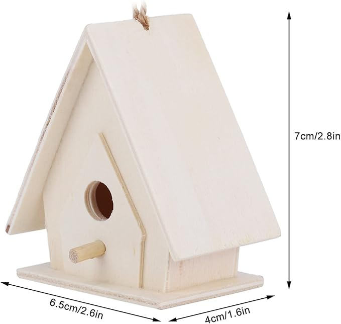 4Pcs Unfinished Wooden Bird House, Hanging Birdhouse for Outside Wood Bird Nests Box with Pole Creative Unpainted DIY Crafts Bird Houses for Garden Courtyard Decor