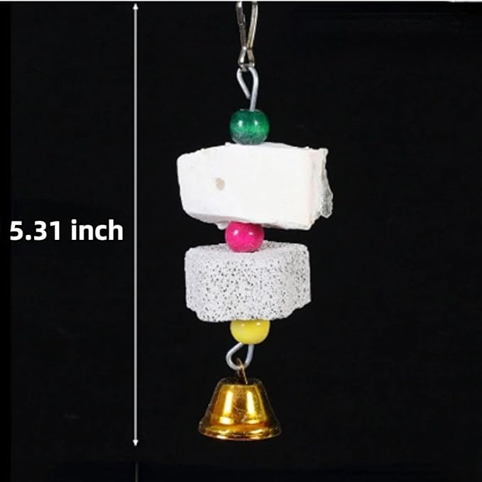 2Pcs Bird Beak Calcium Stone Lava Block Chew Toy Grinding Teeth Natural Minerals with Bell for Parakeet Conure Lovebird Cockatiel Finch Canary Hamster Chinchilla Rabbit (Small)