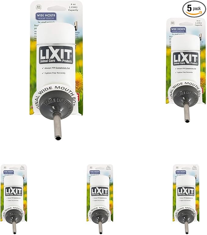 Lixit Wide Mouth BPA-Free Cage Water Bottles for Rabbits, Ferrets, Guinea Pigs, Rats, Chinchillas, Hamsters, Mice, Hedgehogs, Gerbils and Other Small Animals. (Translucent, 8 Ounce) (Pack of 5)