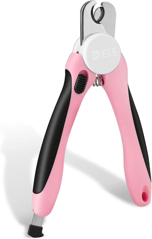 Flexzion Pet Nail Clippers for Dogs & Cats - Stainless Steel Blade Cat Nail Trimmer with Stored Nail File, Safety Guard, Easy Grip Handle - Dog Nail Clippers for Large Dogs, Medium Small Breeds, Pink