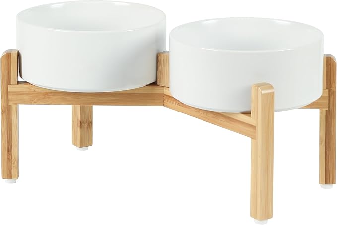 Havniva Ceramic Raised Double Bowls Set with Stand, Food & Water Bowls for Medium Breed Dogs, Weighted Dog Dishes, Pet Bowl(7.3'',41OZ, White)