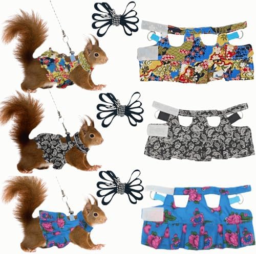 3 Sets Squirrel Leash and Harness Set,Traction Rope Strap, Ferret Harness Vest, Adjustable Flora Small Animal Harness Vest for Ferret, Dwarf Chinchilla, Guinea Pig, Fancy Rat (Small)