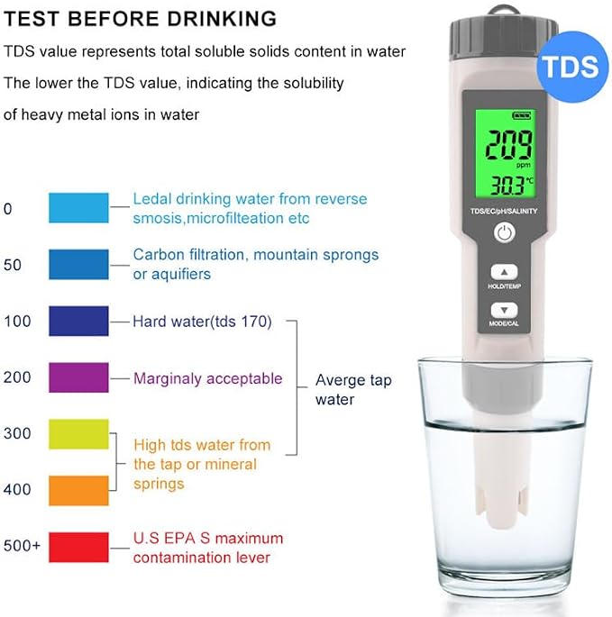 Pool Salt Tester - Multifunctional 5 in 1 Salinity, PH, TDS, EC, and Temperature Meter, Pool Salinity Testing Kit, Digital Salinity Tester for Swimming Pool,Saltwater, Sea Water, Aquarium