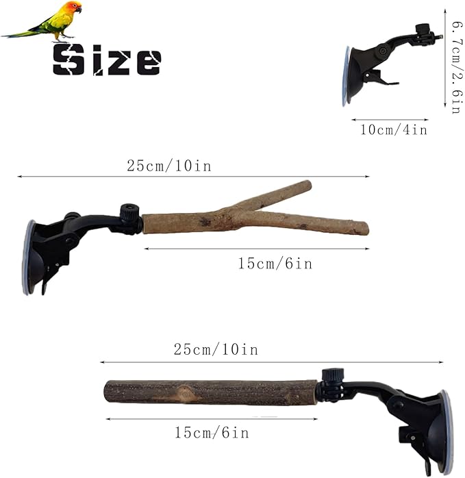 2 PCS Natural Wood Bird Perch with Suction Cup Parrot Shower and Window Perch Stand Bird Portable Suction Cup Shower Perch for Parrot Parakeet Cockatiel Conure Budgie Lovebirds