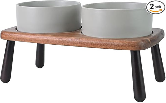 SPUNKYJUNKY Ceramic Elevated Dog Bowls Raised with Acacia Bamboo Wooden Stand, 6.1'' Dog and Cat Food Water Bowls Set Non-Slip for Small Medium Sized Breed Microwave Dishwasher Safe - 28.7 OZ,Grey
