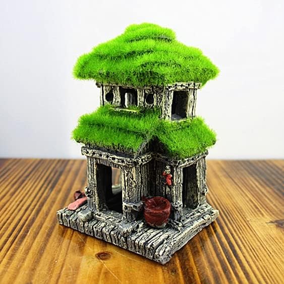 AWXZOM Fish House - Aquarium Decoration with Lifelike Moss, Comes with 2x Artificial Plants