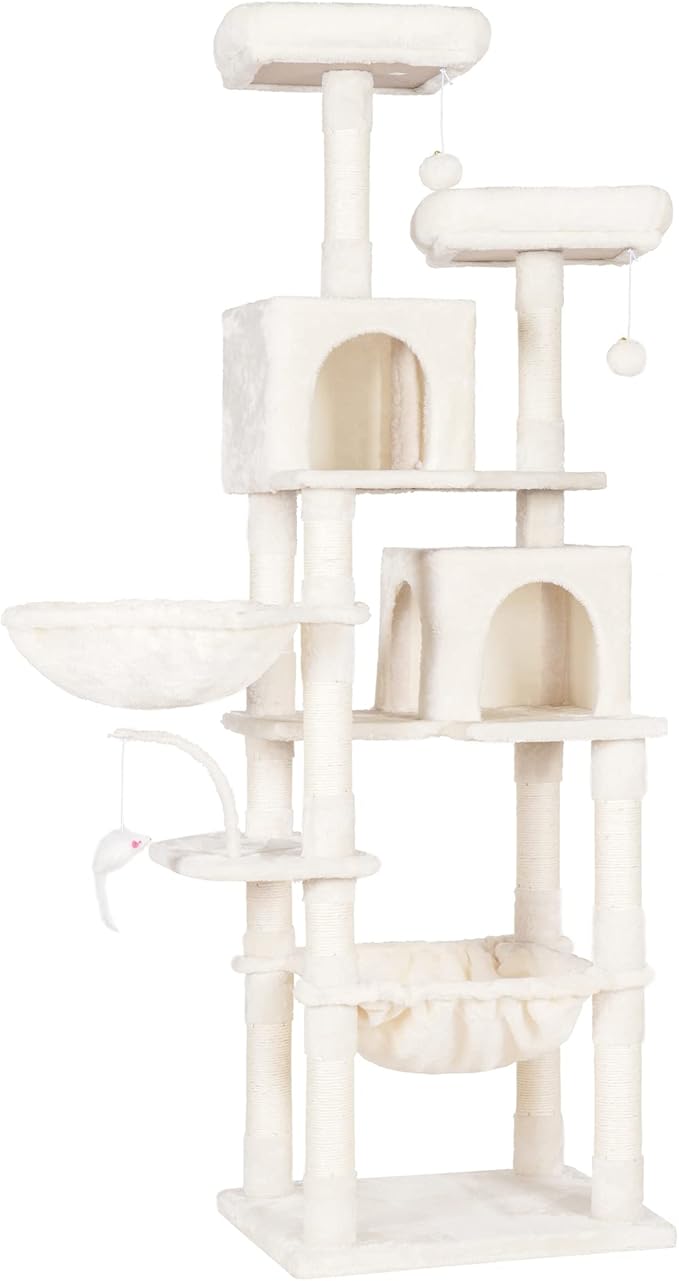 Heybly Cat Tree, 70 inches Tall Cat Tower Condo with Toy for Indoor Large Cats, Cat House Furniture with Padded Plush Perch, Cozy Hammock and Sisal Scratching Posts, Beige HCT032M