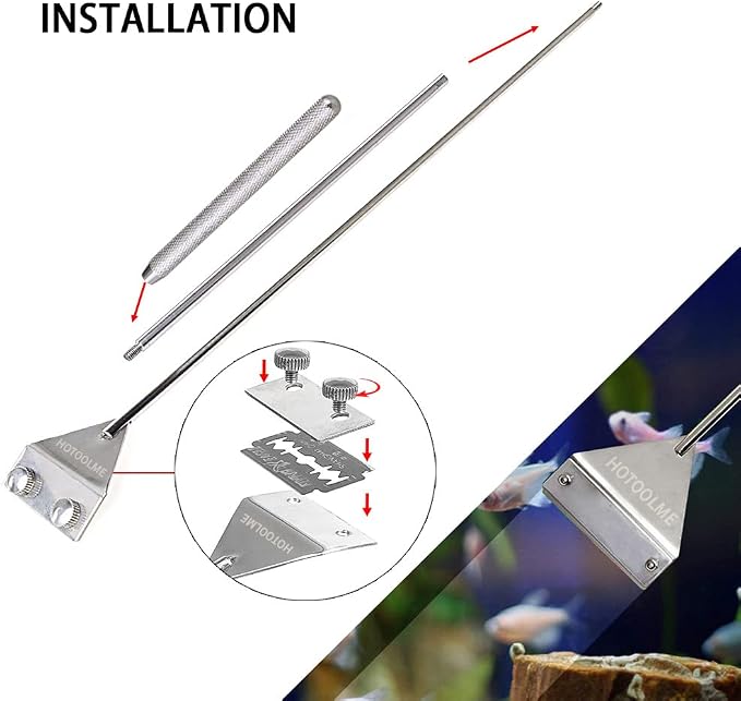 HOTOOLME Aquarium Scraper, 25.6" Stainless Steel Scraper Cleaning Razor with 10 Blades for Glass Aquarium Fish Tank | Long Handle, Aquarium Razor Blade Scraper, Fish Tank Cleaner, Aquarium Glass Cleaning Tools for Glass Aquariums