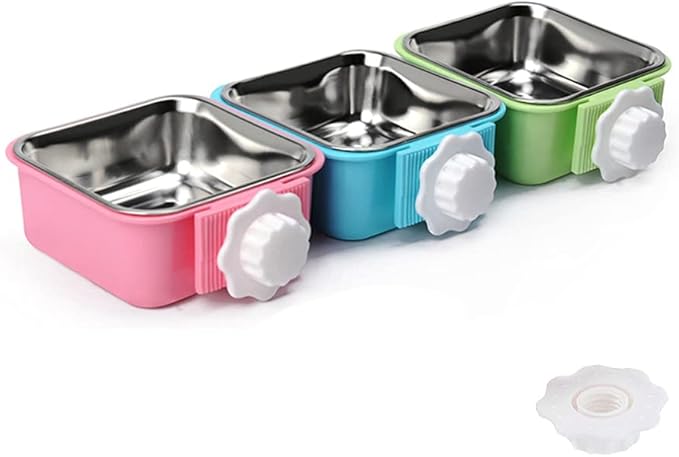 Crate Dog Bowl,Removable Stainless Steel Water Food Feeder Bowls Crate Coop Cup,Pet Cage Bowls with Bolt Holder for Cat, Puppy, Birds, Rats, Rabbits Small Animals ((Blue+Green+Pink) Square, Large)