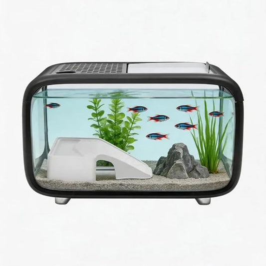 Desktop Fish Tank, 3.2Gal Small Betta Fish & Turtle Tanks, Aquarium Bowl with Detachable Basking Platform, Multi-Functional Areas Aquascape Tanks for Fish Terrapin Frog Shrimp Crab (Black)
