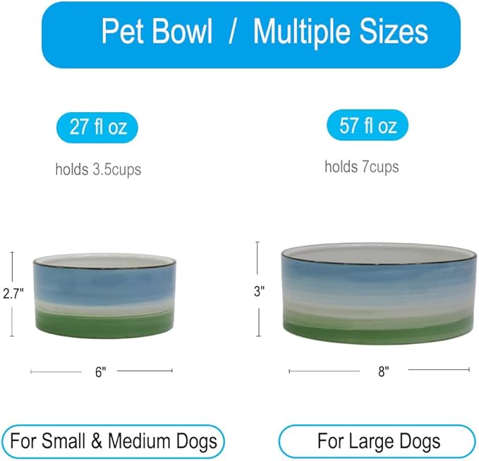 Blue & Green Vintage Porcelaine Dog Bowls, Anti-Slip Heavy Ceramic Dog Pets Feeding Food and Water Bowls Dish, 27OZ for Medium Large Dogs,Dishwasher and Microwave Safe-6"