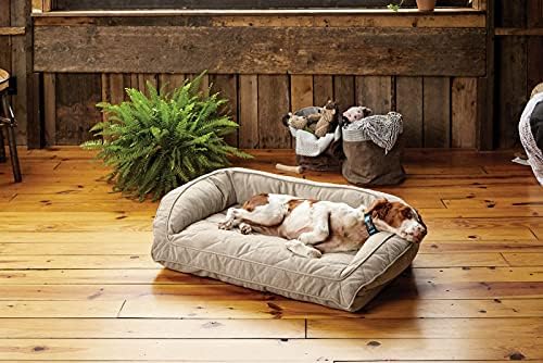 Orvis Comfort Fill-Eco Couch Dog Bed – Plush Three-Sided Bolster with Comfort Fill-Eco Cushion, Quilted Cover, Zip-Off & Machine Washable, Heathered Khaki - Medium