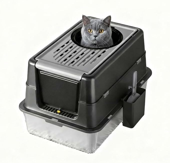 Stainless Steel Cat Litter Box with Lid - Enclosed Covered Metal Kitty Litter Box Enclosure with 180° Flip-Top, Leak-Proof High Sided Cat Box & Scooper, Easy to Clean, Odor Control, for All Cat Sizes