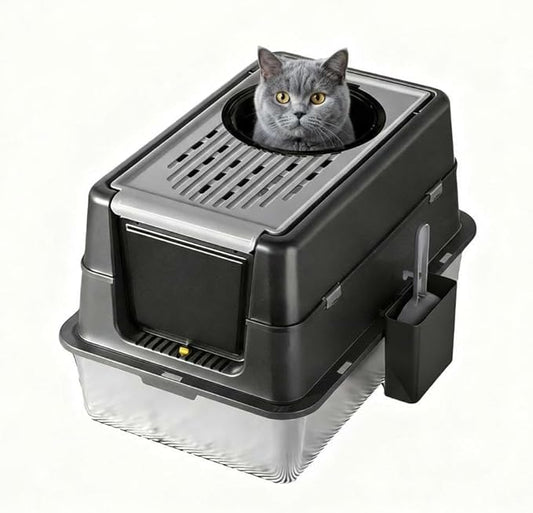 Stainless Steel Cat Litter Box with Lid - Enclosed Covered Metal Kitty Litter Box Enclosure with 180° Flip-Top, Leak-Proof High Sided Cat Box & Scooper, Easy to Clean, Odor Control, for All Cat Sizes