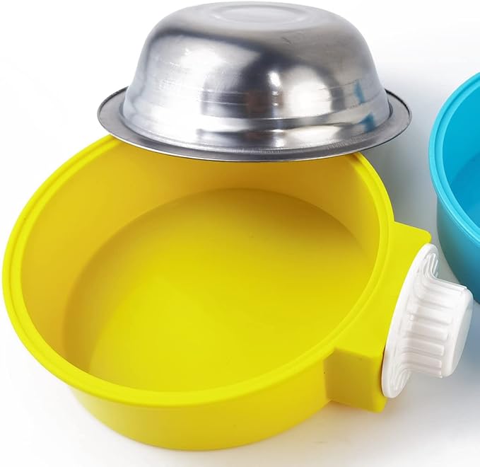 NSBELL 4PCS Crate Dog Bowl, Plastic Bowl & Stainless Steel Bowl Removable Hanging Food & Water Feeder 2-in-1 Cage Bowl Coop Cup for Cat, Dog, Birds with 4 Pet Food Spoons