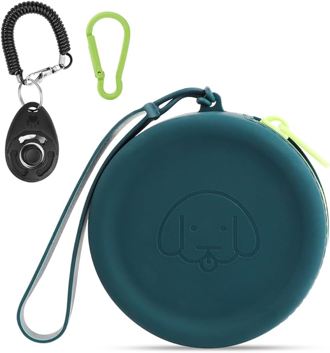 WALLFID Silicone Dog Treat Pouch Small Bag,with Pet Training Clicker,Walking Bag for Dog and Cat, Pocket Size, Easy to Clean, Odorless, Zipper Design,Moisture-Proof,Travel Walking Bag.(Dark Green)
