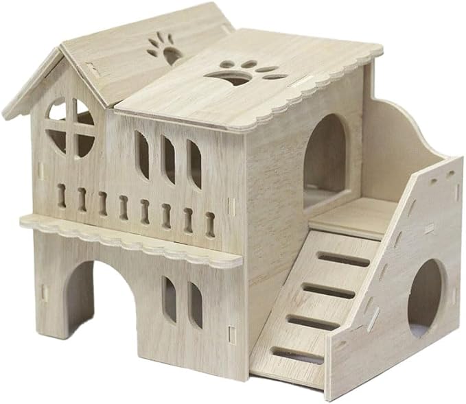 Large Hamster House & Gerbil Hideout – 8.5" Double-Decker Wooden Maze Hut w/Fun Slide | Multi-Level Gerbil House for Dwarf Hamsters, Mice, Rats & Small Animals ﻿