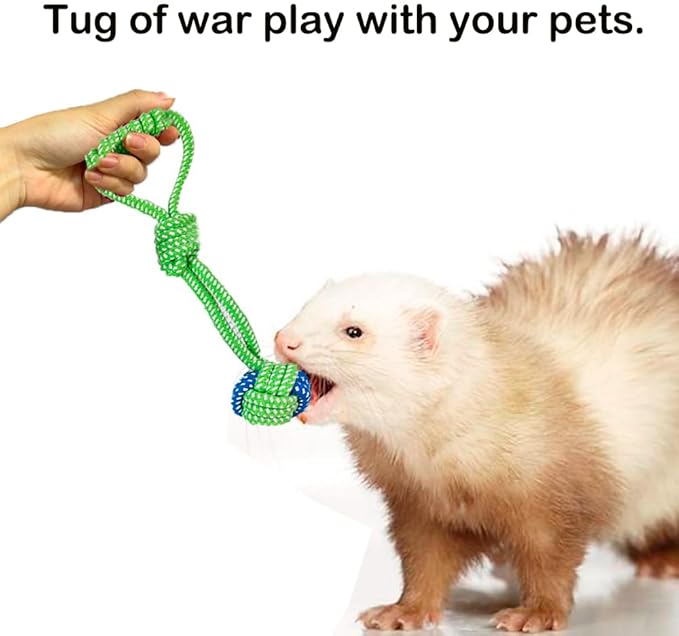 7 Pack Ferret Chew Toys Ferret Bell Balls Squeaker Toy Squeak Teething Pet Toy Durable Knotted Tug of war Cotton Chew Rope Exercise Scratch Interactive Cat Dog Rope Set Small Animal