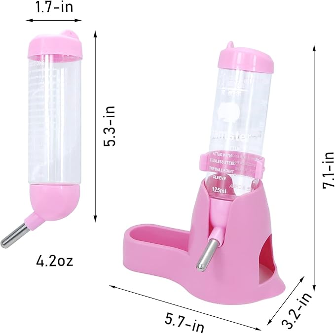 Wontee Hamster Water Bottle Water Dispenser Hamster Silent Exercise Running Wheel for Dwarf Hamsters Gerbil Mice (Pink, 125ML)