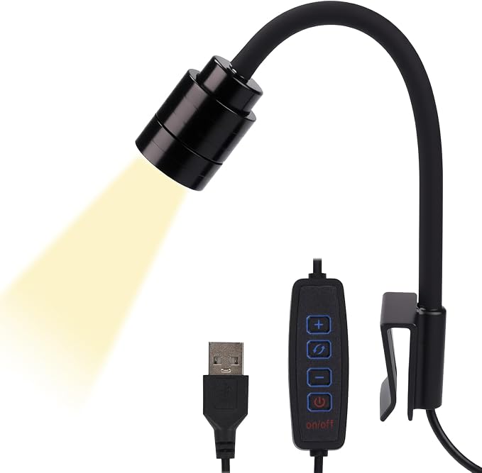 Mini Aquarium Spotlight, Clip-On Gooseneck Lamp, 15°-90° Zoom | Tri-Color White/Warm White/Warm Light, Dimmable 3W USB, 5.2 In Gooseneck, Fits Glass Up To 8mm