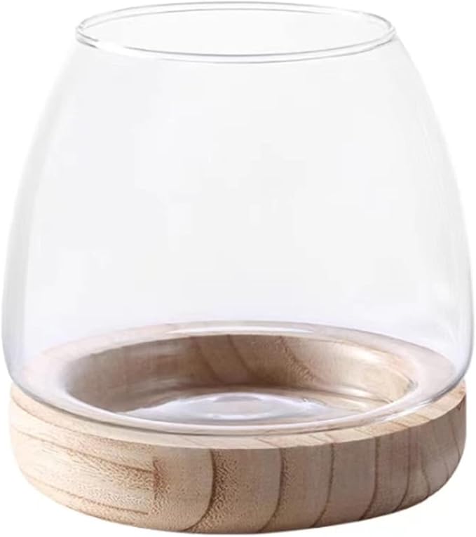 Glass Fish Bowl,with Wooden Base, Small Desktop Fish Bowl Aquarium for Betta Fish Gold Fish, Fish Tank Flower Vase,Hydroponic Plant Terrarium,for Home Decoration (11 x 19.5cm)