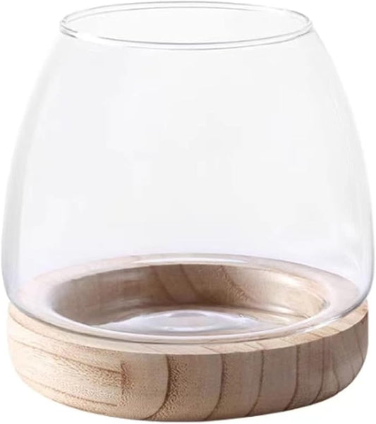 Glass Fish Bowl,with Wooden Base, Small Desktop Fish Bowl Aquarium for Betta Fish Gold Fish, Fish Tank Flower Vase,Hydroponic Plant Terrarium,for Home Decoration (11 x 19.5cm)
