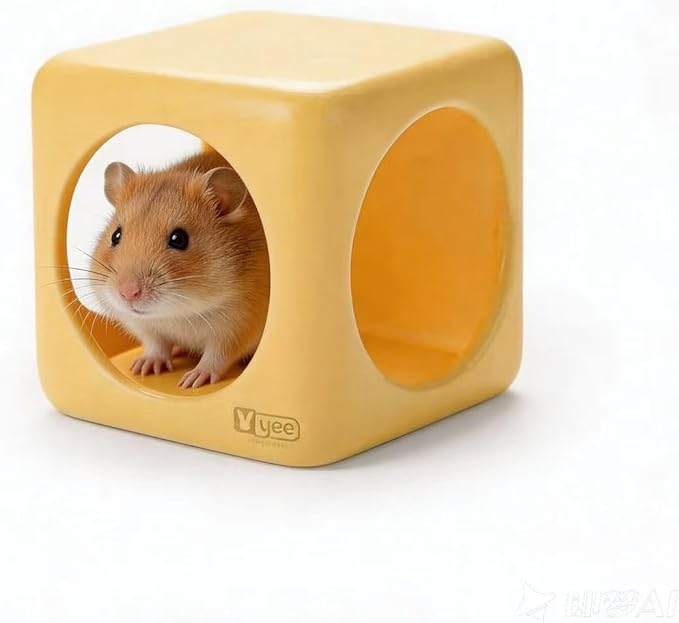 Ceramic Hamster House Cube Set, 4-Inch Stackable Small Animal Hideout Cave for Hamsters Mice Gerbils Dwarf Rabbits – Hard Durable DIY Mix & Match Habitat Hideaway Decor, Yellow
