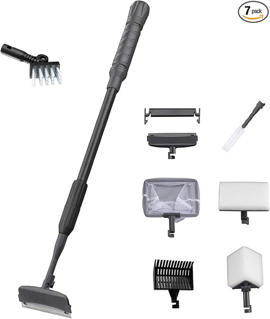 Carefree Fish 6IN1+1 (2026 New Upgrade Edition) Aquarium Cleaning Tools Long Handle Adjustable Length 20~36Inches Fish Tank Cleaner Kit Algae Scraper Scrubber Brushes Set