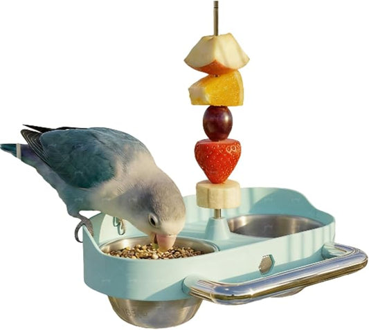 Bird Feeder Birds Bowls Stainless Steel Dishes Coop Cups with Fruit Skewer, Parrot Feeding Dish Cups Food Water Bowls with Bird Food Holder for Budgies Lovebirds (Blue,Oval)