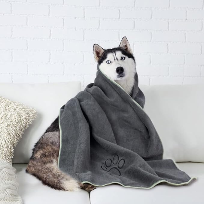 KinHwa Dog Towel Super Absorbent Microfiber Dog Drying Towel Soft Pet Bath Towel for All Dogs and Cats with Embroidered Paw Print 30inch x 50inch Gray