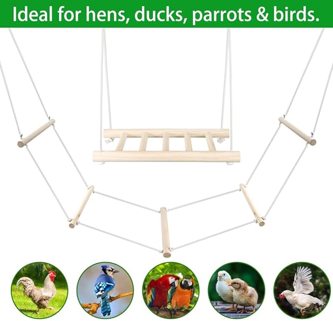 2 PCS Chicken Swing Set for Coops - Large Soft Rope Ladder & Wooden Perch Ladder, Boredom Buster Toys for Hens, Parrots, Poultry Accessories