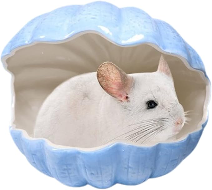 Small Animal Hideout Extra Large Ceramic Shell Shape Guinea Pig House Chinchilla Igloo Habitat Hut Cave Summer Bed Cage Accessories for Hedgehog Rabbit Hamster Gerbil Rat (XL (9.5''x7''x7.9''), Blue)
