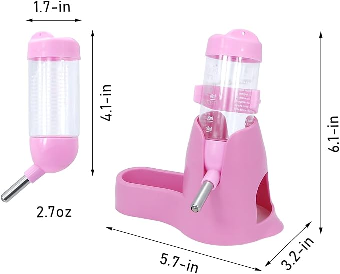 3 in 1 Hamster Hanging Water Bottle Pet Auto Dispenser with Base for Dwarf Hamster Mouse Rat Hedgehog (80ML, Pink)