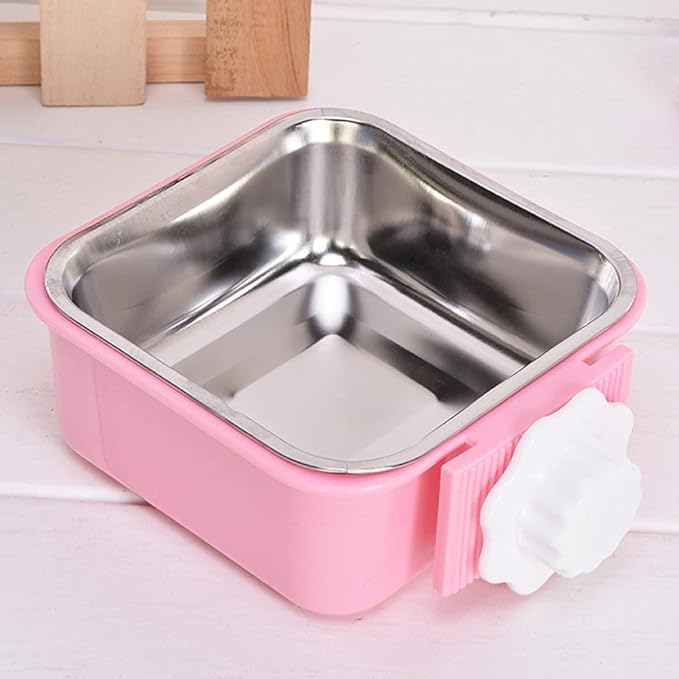 Crate Dog Bowl,Removable Stainless Steel Water Food Feeder Bowls Crate Coop Cup,Pet Cage Bowls with Bolt Holder for Cat, Puppy, Birds, Rats, Rabbits Small Animals ((Blue+Pink) Square, Samll)