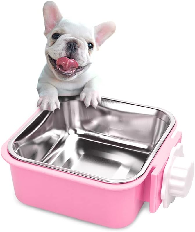 Crate Dog Bowl,Removable Stainless Steel Water Food Feeder Bowls Crate Coop Cup,Pet Cage Bowls with Bolt Holder for Cat, Puppy, Birds, Rats, Rabbits Small Animals ((Green+Pink) Square, Samll)