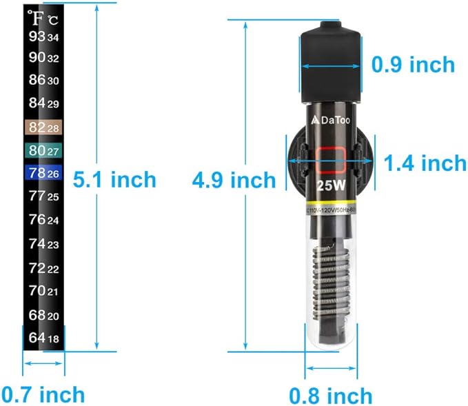 DaToo Mini Aquarium Heater 25W Small Fish Tank Heater 25 Watt with Free Thermometer Sticker