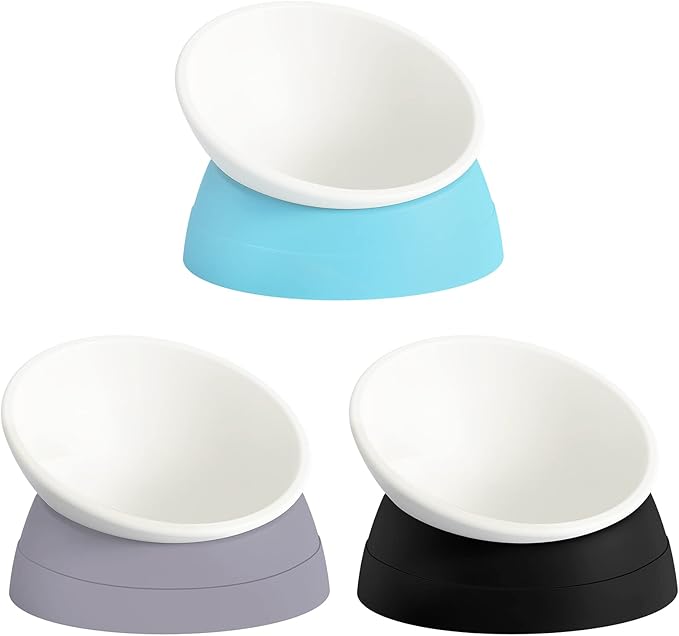 Elevated Cat Bowls, 3 Pack Adjustable Raised Slanted Food Bowls for Cats and Small Dogs, Wide Shallow PP Dishes with TPR Non Slip Bases, Whisker Friendly, 17 oz Each
