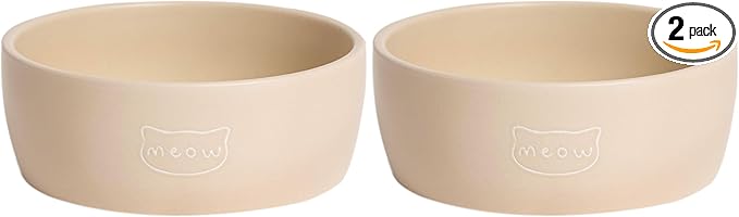 Pearhead Ceramic Cat Bowl – Neutral Taupe “Meow” Design, Holds 1.3 Cups, Stoneware Pet Dish, Whisker-Friendly Pet Feeding Bowl, Non-Skid, Small (Pack of 2)