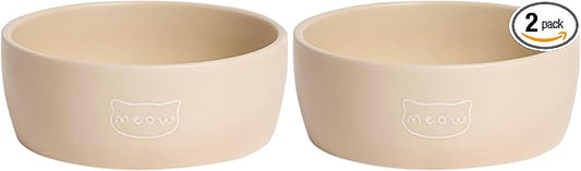 Pearhead Ceramic Cat Bowl – Neutral Taupe “Meow” Design, Holds 1.3 Cups, Stoneware Pet Dish, Whisker-Friendly Pet Feeding Bowl, Non-Skid, Small (Pack of 2)